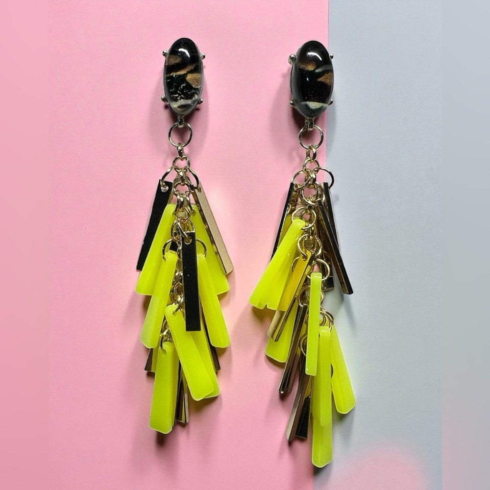 Neon Yellow and Silver Dangle Earrings 0487